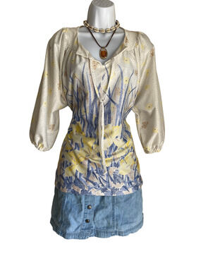 VTG Fortrel Plus 18 Boho Floral Tie Front Semi Sheer Cottagecore Blouse Coquette